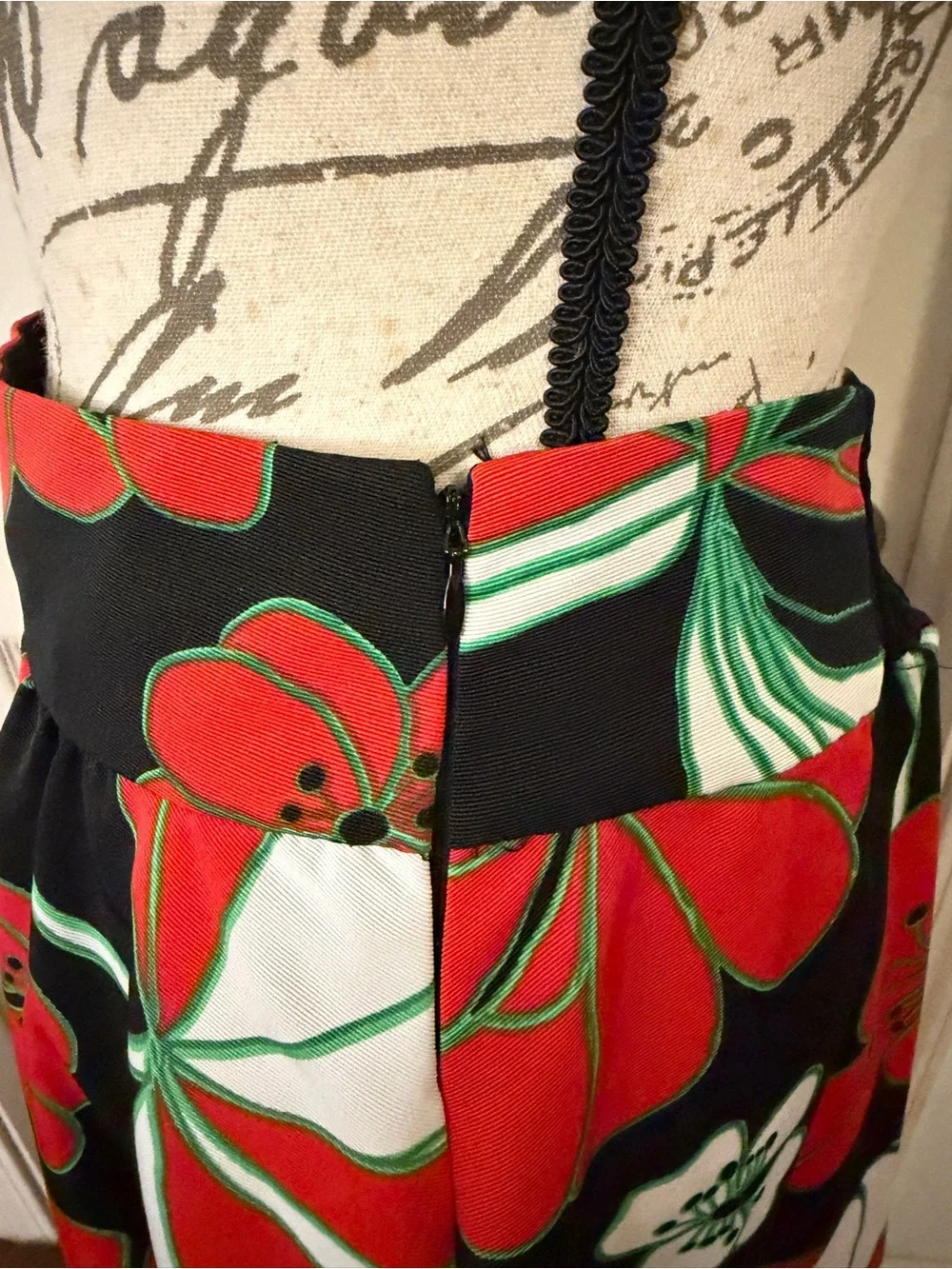 Anthropologie Black Midi Skirt with Red and White Floral Print